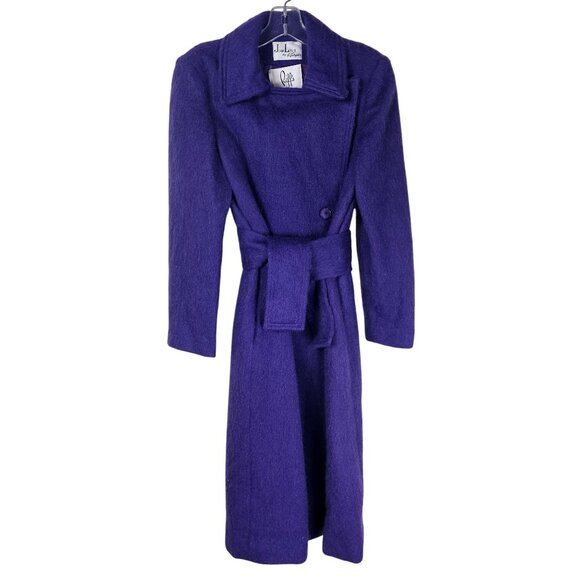 Vintage 70s Joan Leslie By Kasper Mohair Blend Belted Long Coat M Purple Retro - Picture 1 of 9